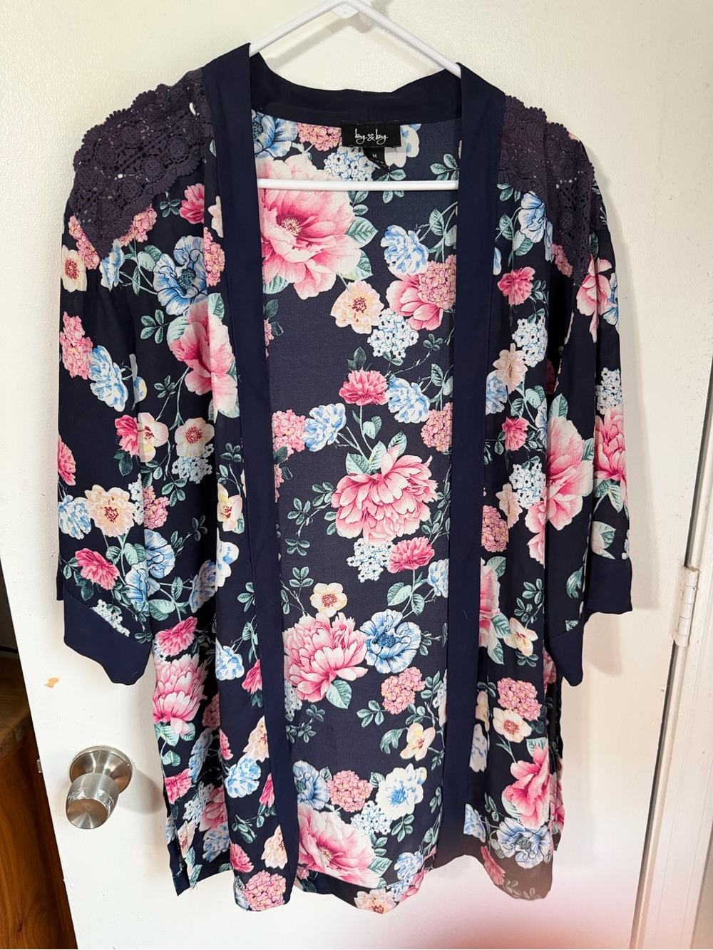 By & By Navy Floral Kimono Pink Blue White Flowers